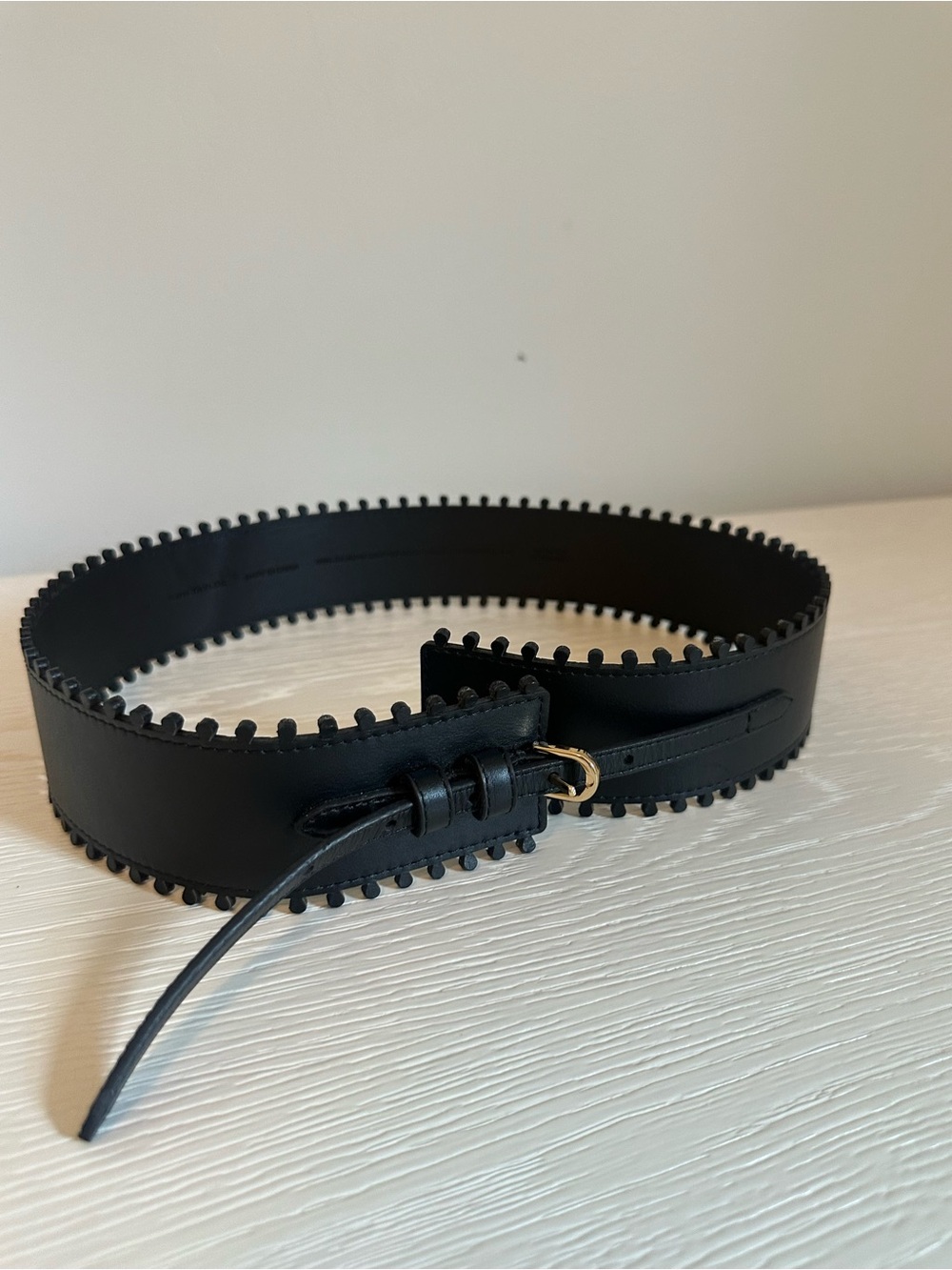 Ann Taylor Black Leather Wide Waist Belt Ball Fringe Trim Gold Buckle Size M